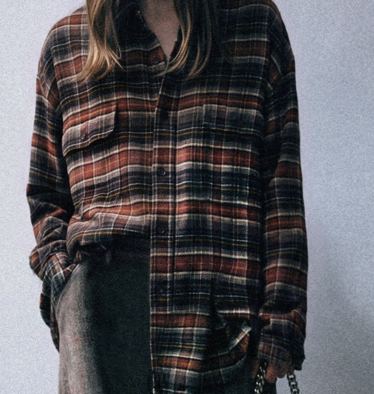 R13 Boyfriend Shirt in Brown & Dark Grey Plaid