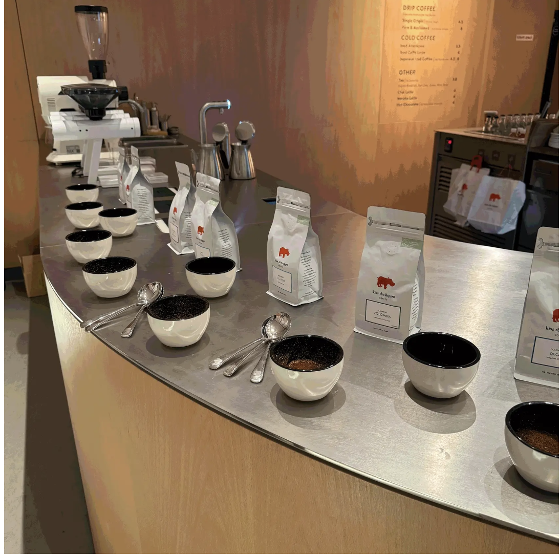 A specialty coffee tasting setup at Kiss the Hippo in London