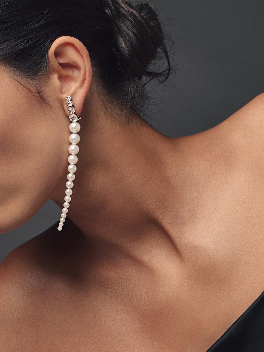 Mizuki pearl and diamond drop earrings in white gold