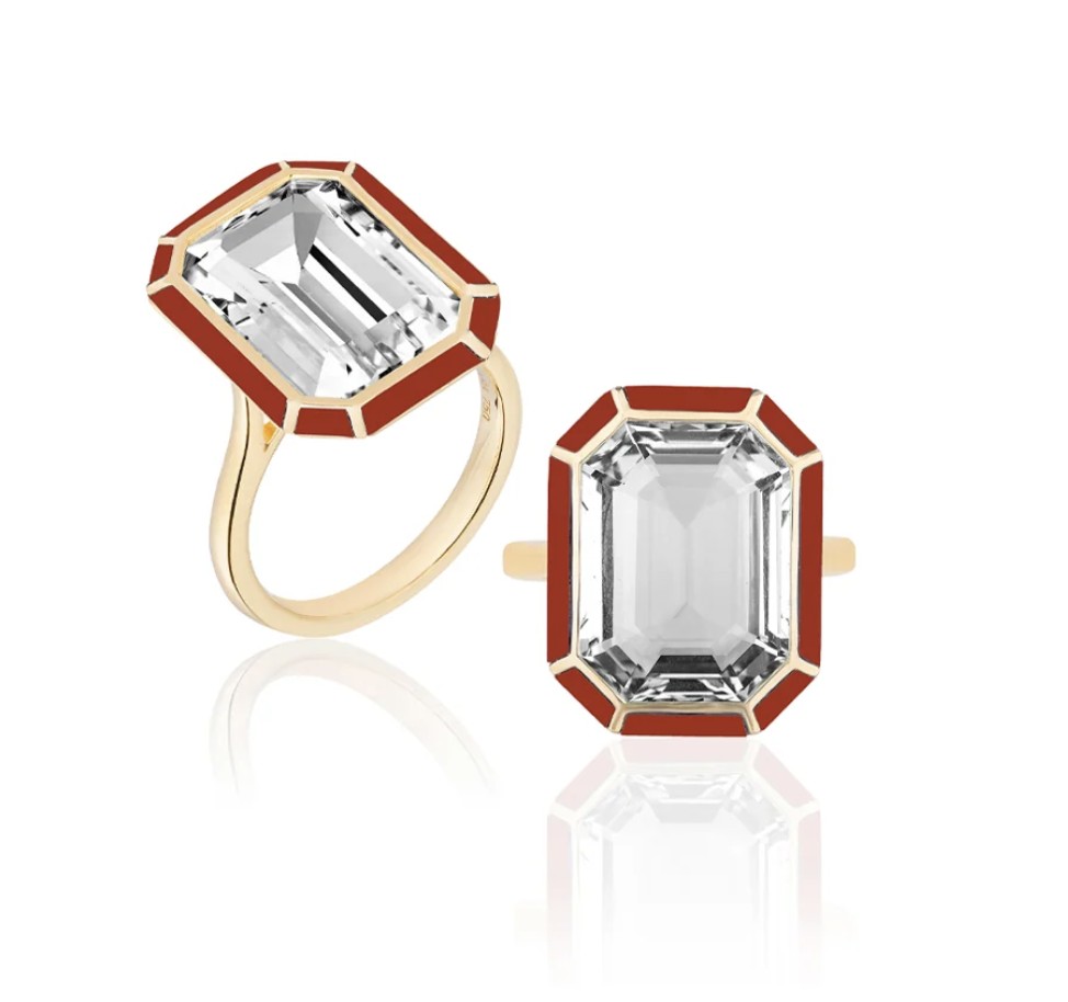 Goshwara emerald-cut ring with coloured inlay on a gold band