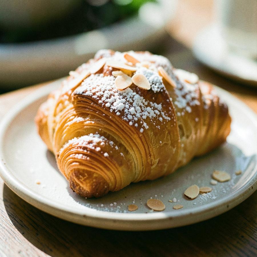 An almond croissant, dusted with icing sugar