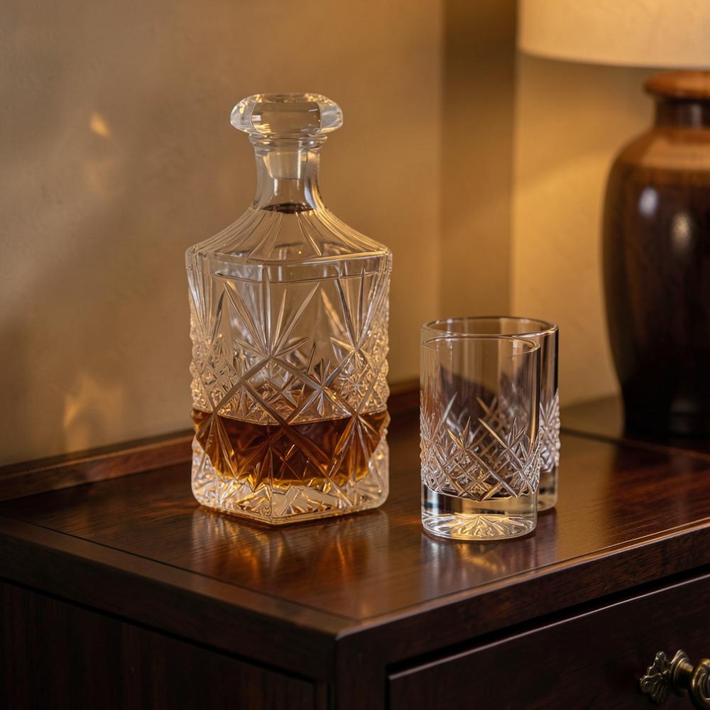A cut-crystal decanter and glasses