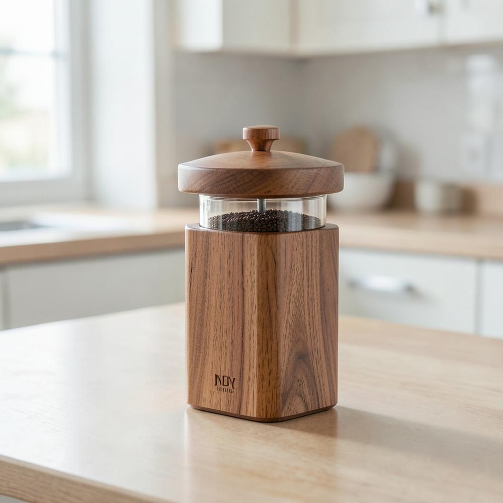 A walnut single-dose coffee grinder
