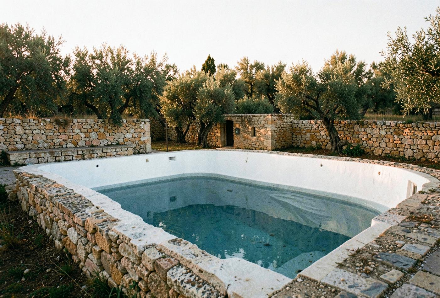 The limestone pool at Masseria Moroseta, late afternoon