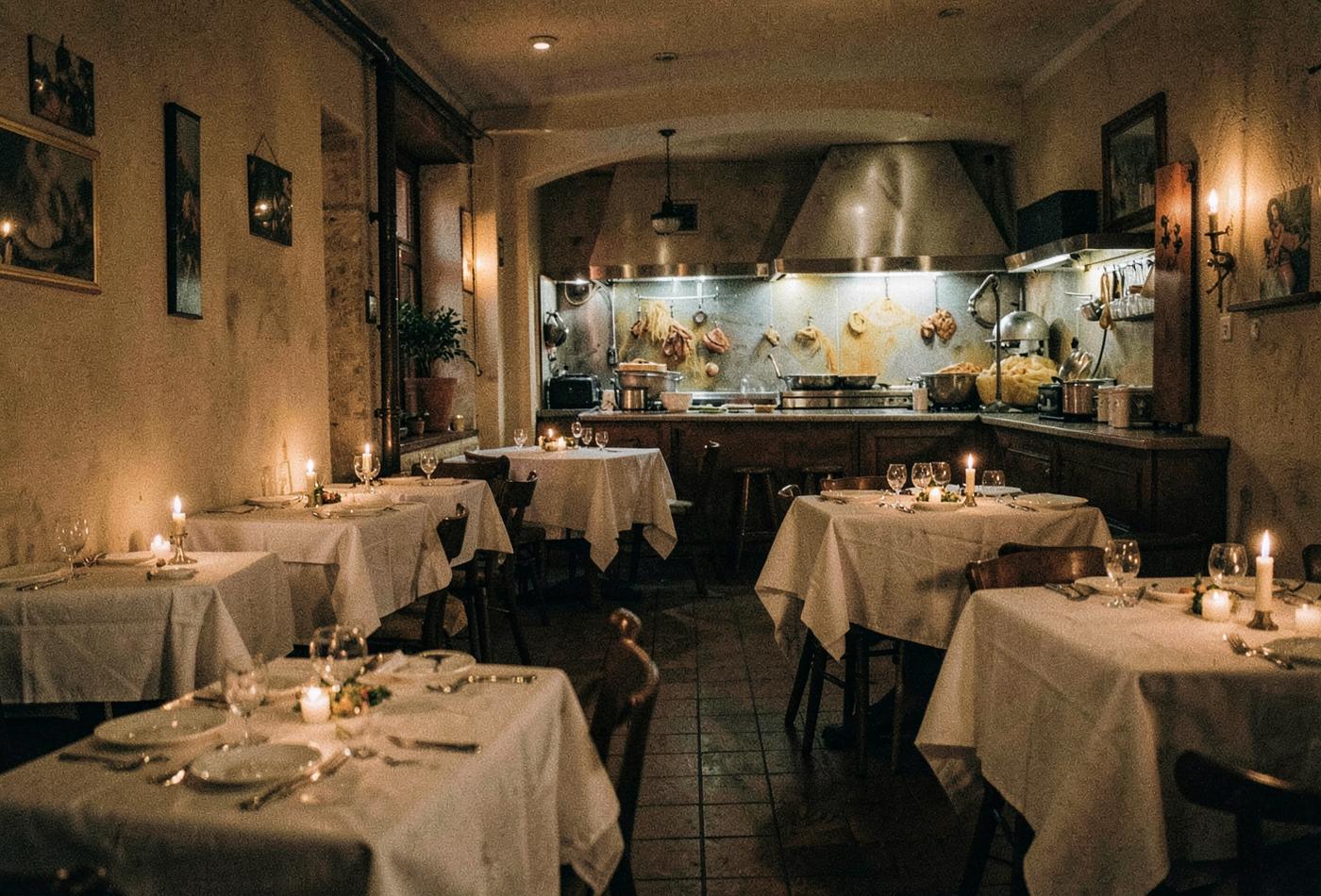 A small Italian dining room at night